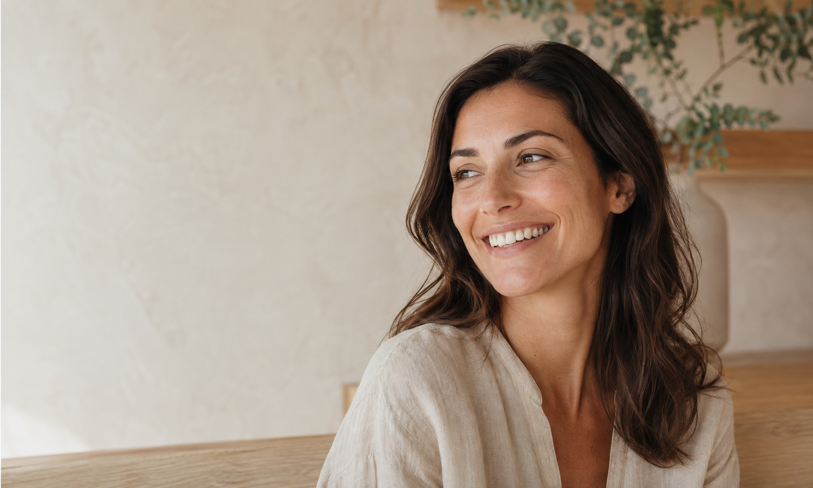A woman with a warm, natural smile in a softly lit space